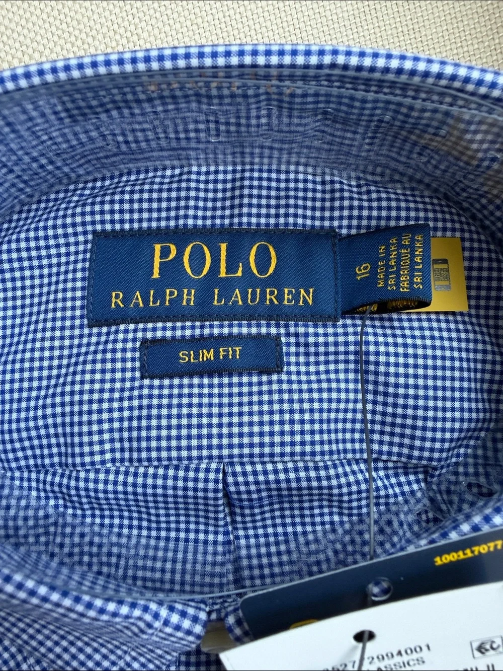 Ralph Lauren Polo Boys' Blue Gingham Slim Fit Dress Shirt - size 16- NWT